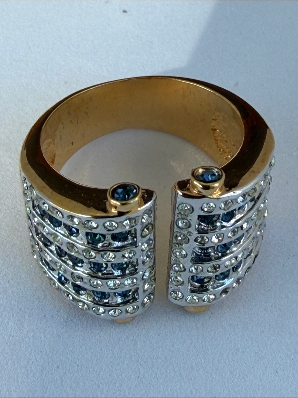 Gold-Tone Open Band Ring with Blue and Clear Stones